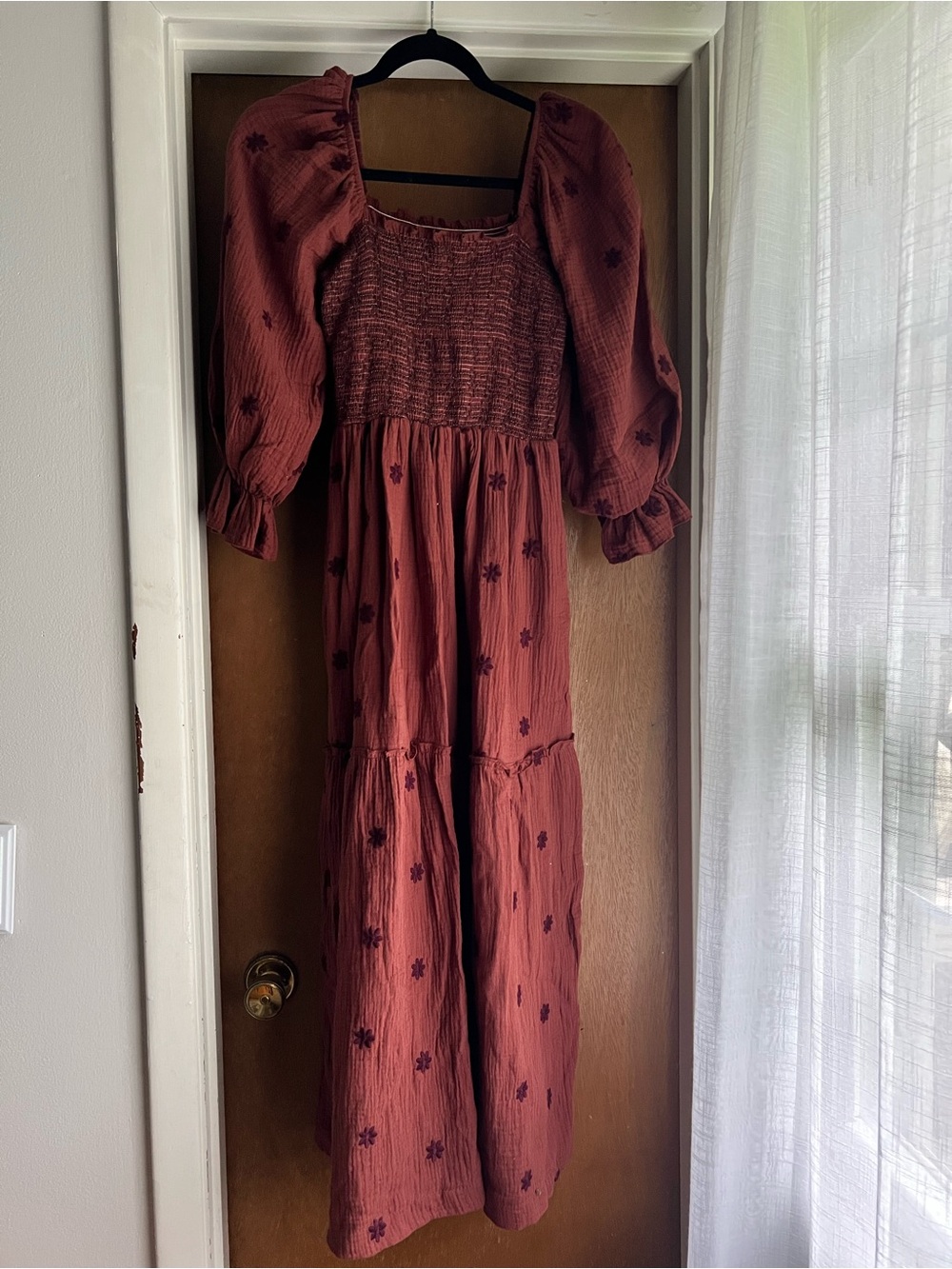 Smocked Square-Neck Maxi Dress — Rust with Floral Embroidery